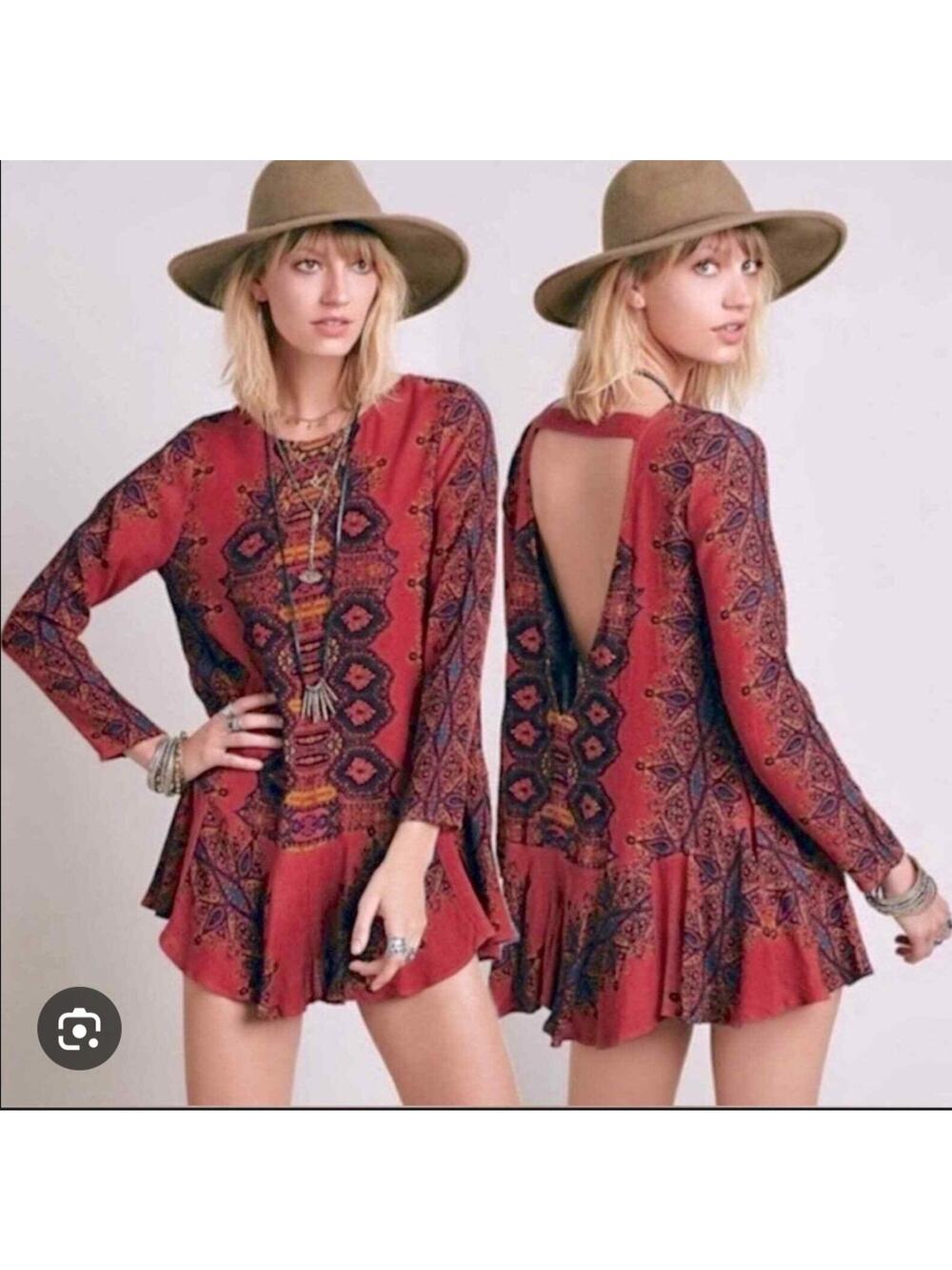Free People Mini Dress Open Back Long Sleeve Boho Size Small Rust Orange Red